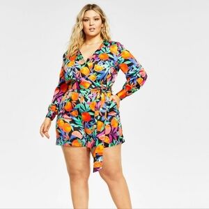 Nina Parker Trendy Plus Size Satin Romper Tropical Fruit Print 2X (No tie)
